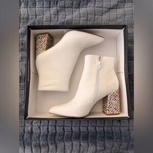 Chic Cream Heeled Boots with Colorful Block Heel